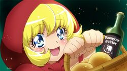  anime_coloring basket blonde_hair blue_eyes bottle bulleta face galibo hoodie parody precure short_hair smile_precure! solo style_parody vampire_(game) 