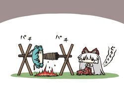  blue_hair chibi cooking fire fujiwara_no_mokou kurokoori long_hair multiple_girls sitting solid_circle_eyes tied_up touhou translated translation_request white_hair wriggle_nightbug 