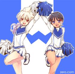  blush cheerleader crossdressing hair_ornament hakuryuu_(inazuma_eleven) inazuma_eleven inazuma_eleven_(series) inazuma_eleven_go long_hair male multiple_boys open_mouth pleated_skirt pom_poms purple_eyes red_eyes short_hair shuu_(inazuma_eleven) skirt tobi_(one) turtleneck violet_eyes 