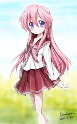  glasses highres kem_kem long_hair lucky_star no_legwear pink_hair purple_eyes school_uniform serafuku takara_miyuki violet_eyes 