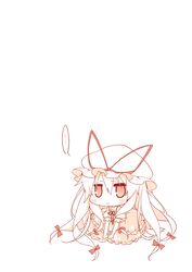  1girl chibi dress flat_gaze hat highres long_hair monochrome reina_(black_spider) ribbon solo touhou yakumo_yukari 