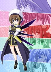  black_wings blue_eyes brown_hair cut-in earrings facial_mark fingerless_gloves forehead_mark gloves hair_ornament hair_ribbon jewelry lyrical_nanoha magic_circle mahou_shoujo_lyrical_nanoha mahou_shoujo_lyrical_nanoha_a's mahou_shoujo_lyrical_nanoha_a's mahou_shoujo_lyrical_nanoha_strikers multiple_girls ponytail puffy_sleeves reinforce reinforce_zwei ribbon shamal signum smile sumeragi_kou tome_of_the_night_sky vita wings yagami_hayate zafira 