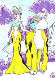  1girl brown_eyes chikorita85 cloud collarbone creature dress eye_contact looking_at_another moemon personification pokemon raikou traditional_media white_hair yellow_dress 