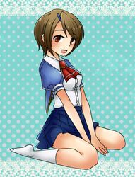  maburaho red_eyes school_uniform short_hair sitting wariza yamase_chihaya yoshida_(marigan12) 