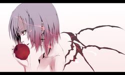  apple canae0 collarbone cross earrings eating food fruit highres jewelry juice nude purple_hair red_eyes remilia_scarlet short_hair simple_background solo touhou vampire 