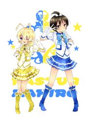  ahoge antenna_hair blonde_hair blue_eyes blush boots bow braid brown_hair character_name crossdressing english gloves hair_bow hair_ornament haiyore!_nyaruko-san harugamitsu hastur_(nyaruko-san) long_hair male multiple_boys open_mouth parody ponytail purple_eyes ribbon single_braid skirt smile trap v vest wink yasaka_mahiro 