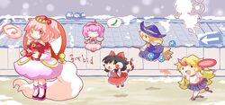  black_eyes black_hair blonde_hair blouse bobby_socks boots bow braid broom building chain chains chibi closed_eyes cloudy_sky cucumber cuffs daruma_doll eyeball eyes_closed flower flying gap geta gray_sky hair_bobbles hair_bow hair_ornament hair_tubes hairband hakurei_reimu hat heart highres horn hoshiguma_yuugi kawashiro_mitori kirisame_marisa komeiji_koishi komeiji_satori lock long_hair long_sleeves looking_at_viewer manacle manacles minigirl multiple_girls necktie open_mouth original outline pink_hair profile red_eyes road_sign sakazuki shadow short_hair short_sleeves sign single_braid sitting skirt slippers smile snow socks spider_lily standing star strap third_eye thought_bubble touhou twintails uriah-oyu vest witch_hat yin_yang |_| 