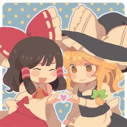  ascot bad_id blonde_hair blush_stickers bow braid detached_sleeves hair_bow hair_tubes hakurei_reimu hat heart heart_hands heart_hands_duo keyaki_(mora_ll) kirisame_marisa long_hair lowres mora_ll multiple_girls no_nose open_mouth orange_eyes single_braid touhou witch_hat 