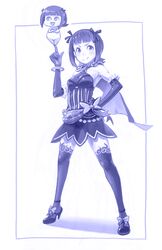  alternate_costume amami_haruka border elbow_gloves gloves hair_ribbon highres idolmaster kousaku monochrome nonowa ribbon short_hair smile thigh-highs thighhighs vertical_stripes 