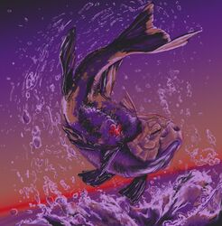  closed_eyes creature eyes_closed fish jumping no_humans pokemon purple realistic relicanth solo splashing tygarii-razil water 
