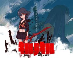  2girls fingerless_gloves gloves highres kill_la_kill kiryuuin_satsuki long_hair matoi_ryuuko midriff multiple_girls official_art short_hair skirt sushio weapon 