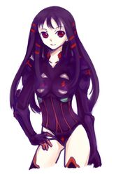  ar_tonelico elaizy flat_chest hair_ribbon hand_on_hip hips jakuri long_hair purple_hair red_eyes ribbon smile solo thigh-highs thighhighs 
