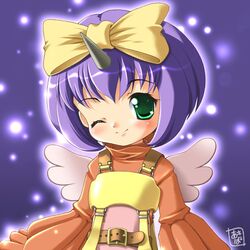  aura blush bow child eiko_carol fake_wings faux_wings final_fantasy final_fantasy_ix hair_bow horn lowres purple_hair short_hair smile wings wink 