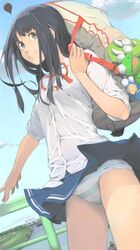  akinbo_(hyouka_fuyou) bag black_hair brown_eyes highres holding long_hair original outstretched_arm panties pantyshot school_uniform shirt skirt sleeves_pushed_up smile solo striped striped_panties stuffed_toy underwear white_shirt wind_lift 