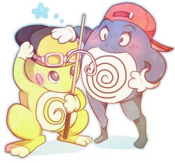  atom_(artist) baseball_cap blush goggles goggles_on_head gold_(pokemon) hat lowres no_humans pokemon pokemon_special politoed poliwrath red_(pokemon) shy 