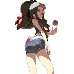  ass bag baseball_cap blue_eyes brown_hair cutoffs denim denim_shorts from_below hat legs long_hair nyora_(soredemosekai) poke_ball pokemon pokemon_(game) pokemon_bw ponytail shorts solo thighs torchic touko_(pokemon) 