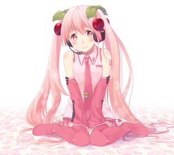  1girl blush boots cherry detached_sleeves food fruit hatsune_miku headset long_hair necktie pink_eyes pink_hair sakura_miku sitting smile solo sweetcry thigh-highs thigh_boots twintails very_long_hair vocaloid wariza 