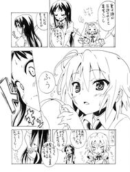  airband_removed black_eyes black_hair blush breasts comic face headwear_removed hime_cut k-on! large_breasts long_hair monochrome multiple_girls nome_(nnoommee) school_uniform short_hair tainaka_ritsu uniform yuri 
