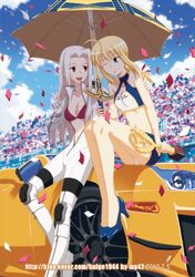  ahoge avalon_(fate/stay_night) blonde_hair bodysuit breasts bulge1944 caliburn car center_opening confetti fate/zero fate_(series) green_eyes halter_top halterneck high_heels irisviel_von_einzbern lexus lexus_lf-a long_hair motor_vehicle multiple_girls navel ponytail race_queen racecar racequeen racer_uniform racing_suit red_eyes saber shoes umbrella uniform unzipped v vehicle watermark web_address white_hair wink 
