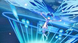 absurdly_long_hair aqua_hair bad_id binary blue boots closed_eyes detached_sleeves eyes_closed floating_hair hatsune_miku highres long_hair navel open_mouth outstretched_arms signed solo spread_arms thigh-highs thigh_boots thighhighs twintails very_long_hair vocaloid 