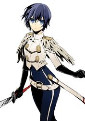  androgynous ass azusa_(sarie303030) blue_eyes blue_hair breasts cosplay crossdressing epaulettes gloves looking_at_viewer no_hat no_headwear pants persona persona_4 reverse_trap sheath shirogane_naoto short_hair solo sword tomboy weapon yamato_takeru_(persona) yamato_takeru_(persona)_(cosplay) 