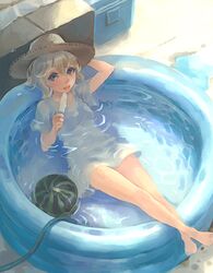  :p barefoot blonde_hair blue_eyes hat lowres original popsicle solo tongue wading_pool weno weno's_blonde_original_character weno's_blonde_original_character 