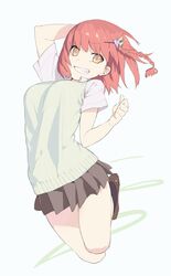  black_legwear braid brown_eyes grin hair_ornament hairclip highres jumping original pleated_skirt red_hair redhead school_uniform side_braid skirt smile solo takekono vest 