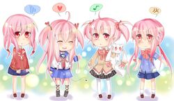  ahoge angel_beats! anger_vein anoko_(artist) chibi closed_eyes crossover demon_tail eyes_closed gasai_yuno guilty_crown heart highres kaname_madoka kyubey look-alike mahou_shoujo_madoka_magica mirai_nikki multiple_girls musical_note open_mouth pink_eyes pink_hair red_eyes school_uniform short_twintails spoken_heart tail thigh-highs thighhighs twintails two_side_up yui_(angel_beats!) yuzuriha_inori 