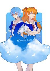  2girls ayanami_rei blue_hair crossed_arms hair_ornament long_hair multiple_girls neon_genesis_evangelion orange_hair ribbon rive_(artist) school_uniform short_hair skirt souryuu_asuka_langley 