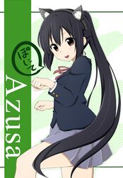  alternate_hairstyle animal_ears black_hair brown_eyes cat_ears fake_animal_ears k-on! leg_up long_hair nakano_azusa open_mouth paw_pose ponytail school_uniform sekiyu. 