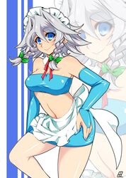  alternate_costume apron bandeau blue_eyes braid breasts bridal_gauntlets cleavage hair_ribbon hand_on_hip highres hips izayoi_sakuya large_breasts latex lipstick maid maid_headdress midriff navel ribbon short_hair silver_hair skirt smile solo tajima_yuuki touhou tubetop twin_braids waist_apron zoom_layer 