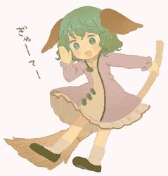  animal_ears bad_id broom dress green_eyes green_hair kasodani_kyouko keyaki_(mora_ll) open_mouth short_hair solo touhou 