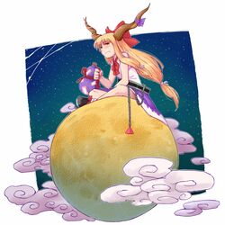  blonde_hair brown_eyes chain chains cloud clouds full_moon gourd grin highres holding horns ibuki_suika long_hair moon ryuhey sitting smile solo touhou 
