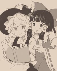  ascot bad_id bare_shoulders book bow braid detached_sleeves hair_bow hair_tubes hakurei_reimu hat keyaki_(mora_ll) kirisame_marisa long_hair monochrome multiple_girls open_mouth simple_background single_braid smile touhou witch_hat 