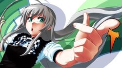 :o ahoge checkered dutch_angle finger_snap fingers foreshortening genb green_eyes haiyore!_nyaruko-san hands huge_ahoge long_hair nyarlathotep_(nyaruko-san) open_mouth pointing silver_hair solo 