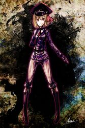  akasia alternate_costume bad_id blonde_hair boots bow fang hair_bow hat highres knee_boots military necktie red_eyes rumia short_hair smile solo touhou 