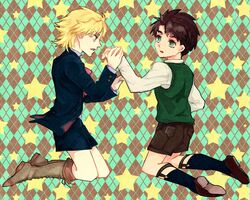  2boys blonde_hair blue_eyes brown_hair dio_brando green_eyes jojo_no_kimyou_na_bouken jonathan_joestar multiple_boys shorts tsuneaki_(dosnan) young 