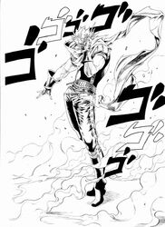  1boy ayamura_kirihito boots dio_brando fingerless_gloves gloves jojo_no_kimyou_na_bouken monochrome scarf smoke solo 