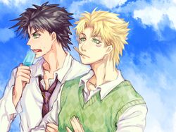  2boys black_hair blonde_hair caesar_anthonio_zeppeli facial_mark green_eyes jojo_no_kimyou_na_bouken joseph_joestar_(young) multiple_boys necktie popsicle summer sweat tsuneaki_(dosnan) 