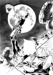  1boy ayamura_kirihito boots dio_brando fingerless_gloves full_moon gloves inset jojo_no_kimyou_na_bouken monochrome moon scarf solo 
