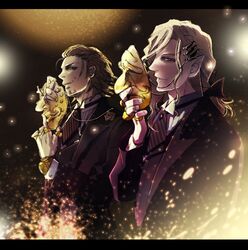  aotan bow brown_eyes brown_hair facial_hair formal grey_hair hair_bow hair_ornament hair_slicked_back hairclip jewelry kaburagi_t_kotetsu letterboxed light_particles long_hair male mask multiple_boys necktie pointy_ears ponytail ring silver_hair stubble suit tiger_&amp;_bunny yuri_petrov 