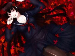  black_hair breasts cleavage grin hime_cut kanoe_yuuko large_breasts leaf long_hair loup-garou on_back open_mouth pantyhose pleated_skirt red_eyes school_uniform serafuku skirt smile solo tasogare_otome_x_amnesia 