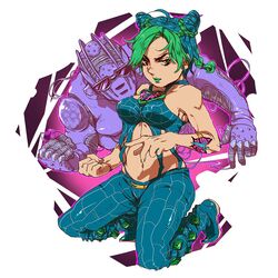  2girls braid butterfly double_bun green_eyes green_hair heart jojo_no_kimyou_na_bouken kuujou_jolyne lipstick makeup midriff multicolored_hair multiple_girls st05254 stand_(jojo) string sunglasses tattoo two-tone_hair 