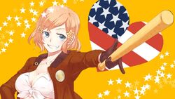  1girl america_(hetalia) axis_powers_hetalia baseball_bat bikini_top blonde_hair blue_eyes breasts cleavage genderswap grin hair_ornament hairclip heart jacket lath smile solo star 
