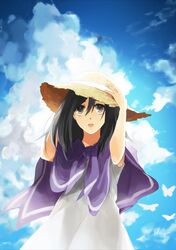  1girl black_hair blue_sky brown_eyes clouds dress hat long_hair poncho sky solo sun_hat 