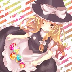  ;) blonde_hair blush bow braid dress egg hat hat_bow kirisame_marisa long_hair mike_(mikenekotei) single_braid skirt_basket solo striped striped_background touhou wink witch_hat yellow_eyes 