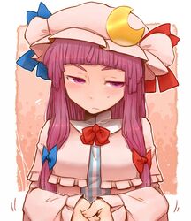  blush crescent hair_ribbon hat hat_ribbon long_hair patchouli_knowledge purple_eyes purple_hair ribbon ryuhey solo striped sweatdrop touhou violet_eyes 
