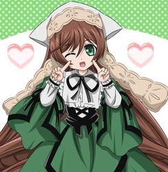  brown_hair green_eyes heart long_hair looking_at_viewer open_mouth rozen_maiden smile solo suiseiseki takumi_(rozen_garten) very_long_hair wink 