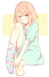  1girl green_eyes interlocked_fingers karuha leg_hug nanami_haruka orange_hair pink_hair socks solo uta_no_prince-sama yellow_eyes 