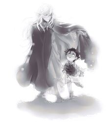  aengus ahoge cape child cloak elf fate/zero fate_(series) irish_mythology lancer_(fate/zero) long_hair male mole monochrome multiple_boys oitan pointy_ears sandals short_hair young 